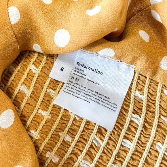 NWOT Reformation Grove Top Mustard Polka Dot Puff Sleeve Blouse Size 6 - Picture 4 of 7